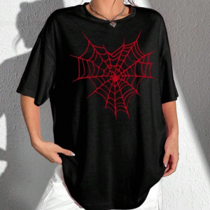 Kadın Örümcek Ağ Baskılı T-Shirt Kısa Kol Bisiklet Yaka Oversize Tişört – Siyah