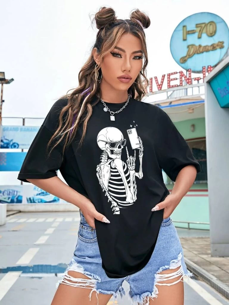 Kadın iskelet Baskılı T-Shirt Kısa Kol Bisiklet Yaka Oversize Tişört – Siyah