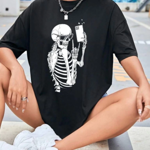 Kadın iskelet Baskılı T-Shirt Kısa Kol Bisiklet Yaka Oversize Tişört – Siyah