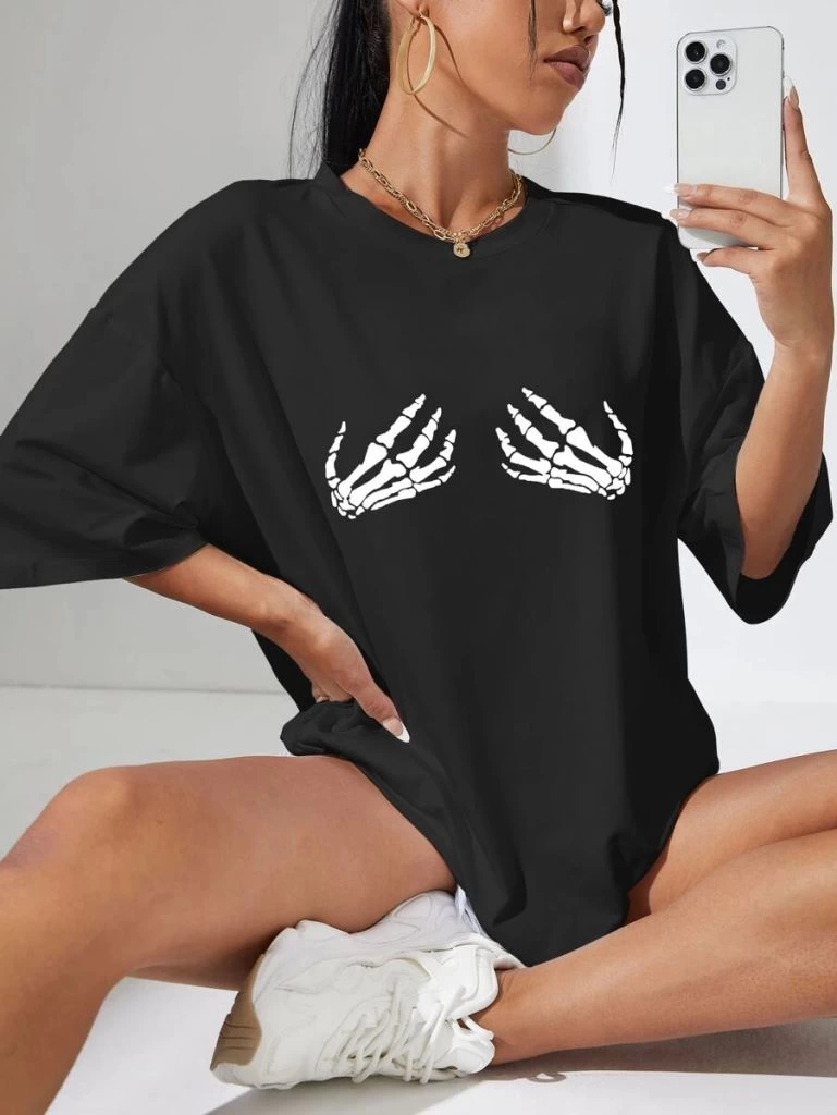 Kadın Baskılı T-Shirt Kısa Kol Bisiklet Yaka Oversize Rahat Kalıp Tişört – Siyah