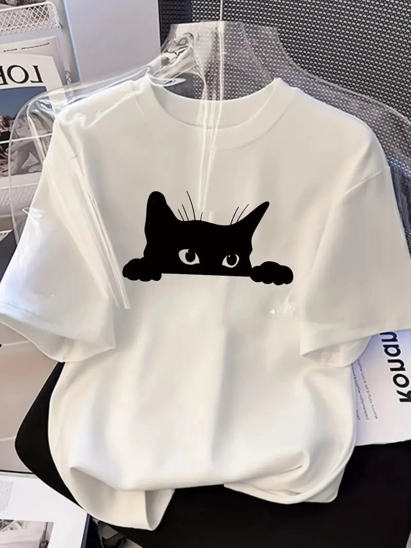 Kadınlar için Siyah Kedi Grafik Tişört – Oversize Kısa Kollu Üst Nefes Alabilir – Beyaz