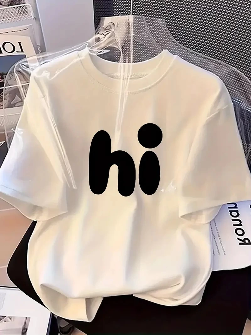Kadın Kısa Kol Yazlık Tişört Bisiklet Yaka hi Baskılı T-Shirt – Beyaz