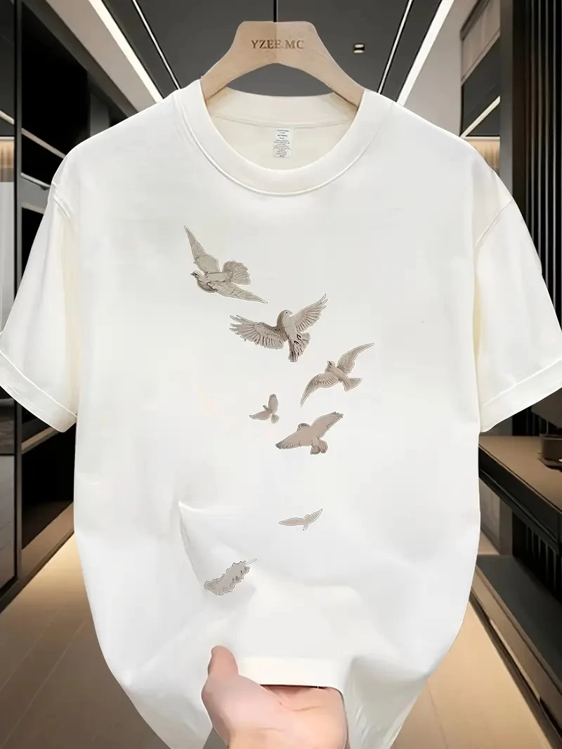 ERKEK Bisiklet yaka Tişört Özgür kuşlar Baskılı kısa kol T-shirt – Beyaz