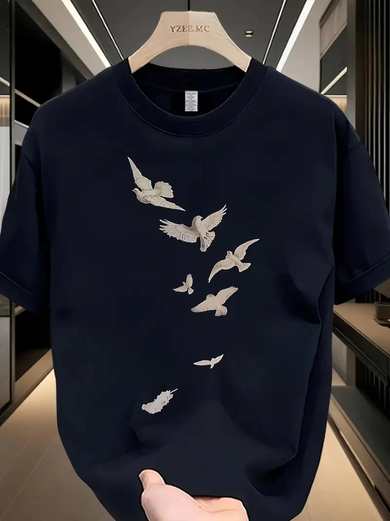 Erkek Özgür Kuşlar Baskılı Tişört Yazlık Bisiklet Yaka Kısa Kol T-Shirt – Beyaz