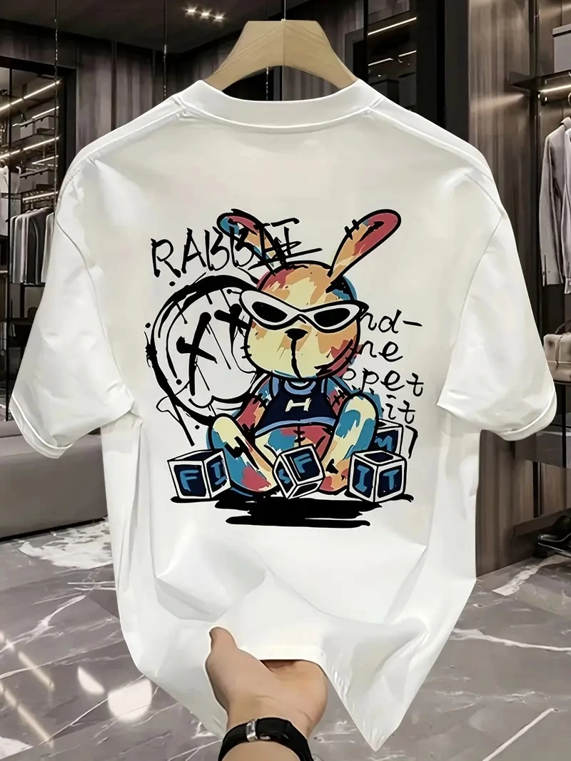 Erkek T-shirt Tavşan Baskılı Kısa Kollu Tişört – Beyaz