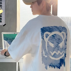 Erkek Tişört Bisiklet Yaka Kore sevimli ayı baskı Kısa Kol T-Shirt – Beyaz