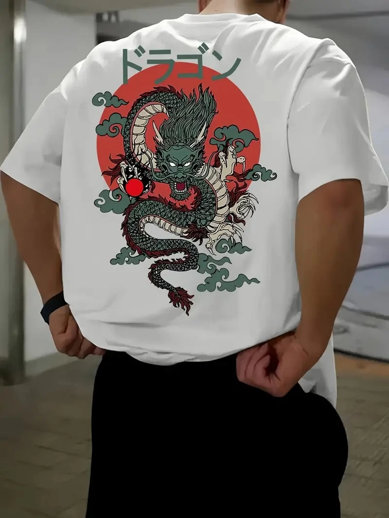 Erkek Tişört Penye Compack Ejder Baskılı Bisiklet Yaka T-shirt – Beyaz