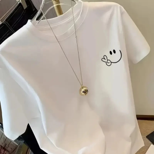 Kadın Gülücük Baskılı Tişört Kısa Kol Bisiklet Yaka Oversize T-Shirt – Beyaz