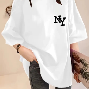 Kadın T-shirt Eğlenceli Harf NY Baskılı Bisiklet Yaka Tişört – Beyaz