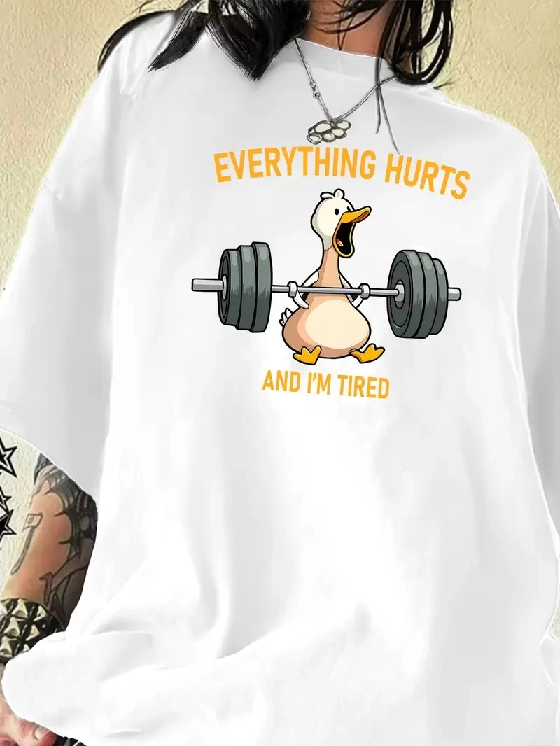 Kadın T-Shirt Ördek Baskılı Bisiklet Yaka Kısa kol Tişört – Beyaz
