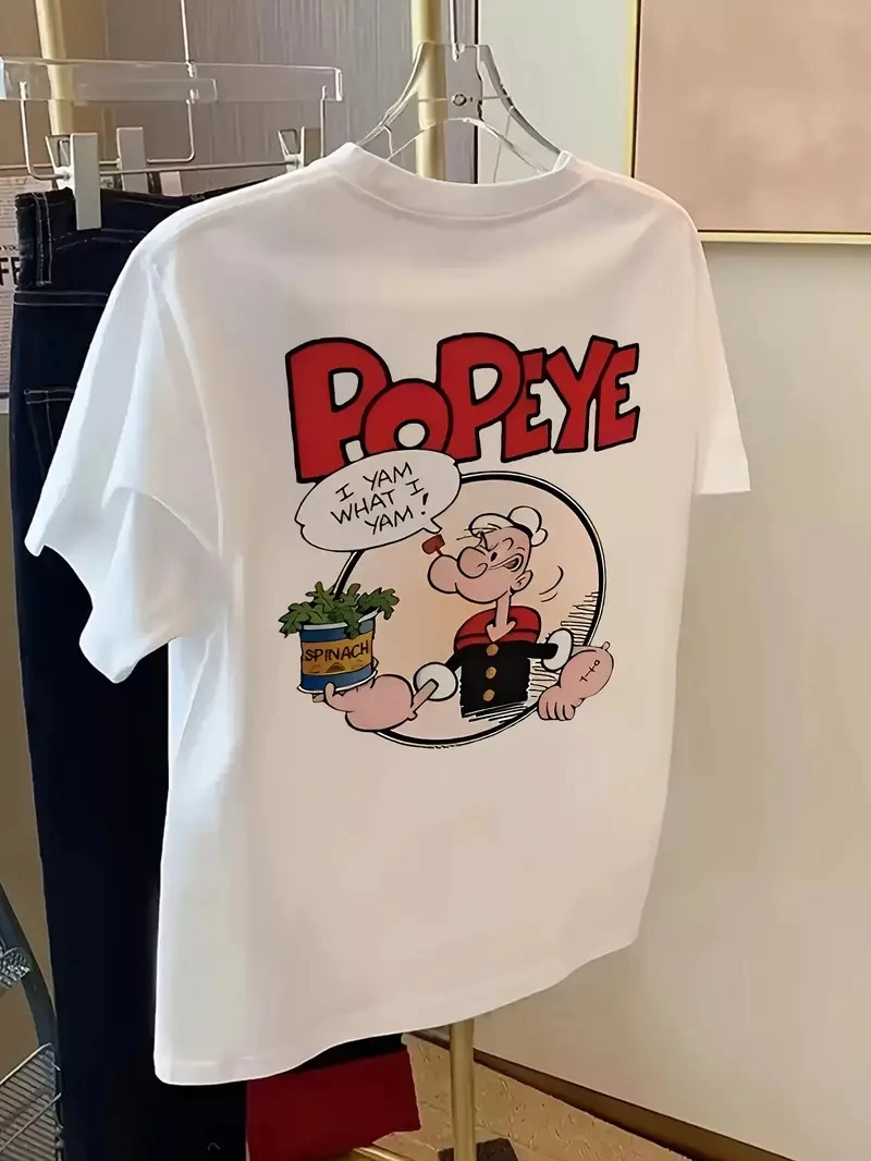 Erkek T-Shirt Oversize Kısa kol Tişört Popeye Baskılı – Beyaz