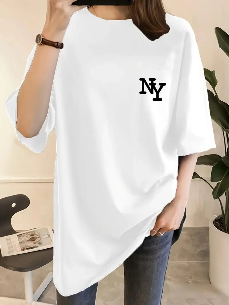 Kadın T-shirt Eğlenceli Harf NY Baskılı Bisiklet Yaka Tişört – Beyaz