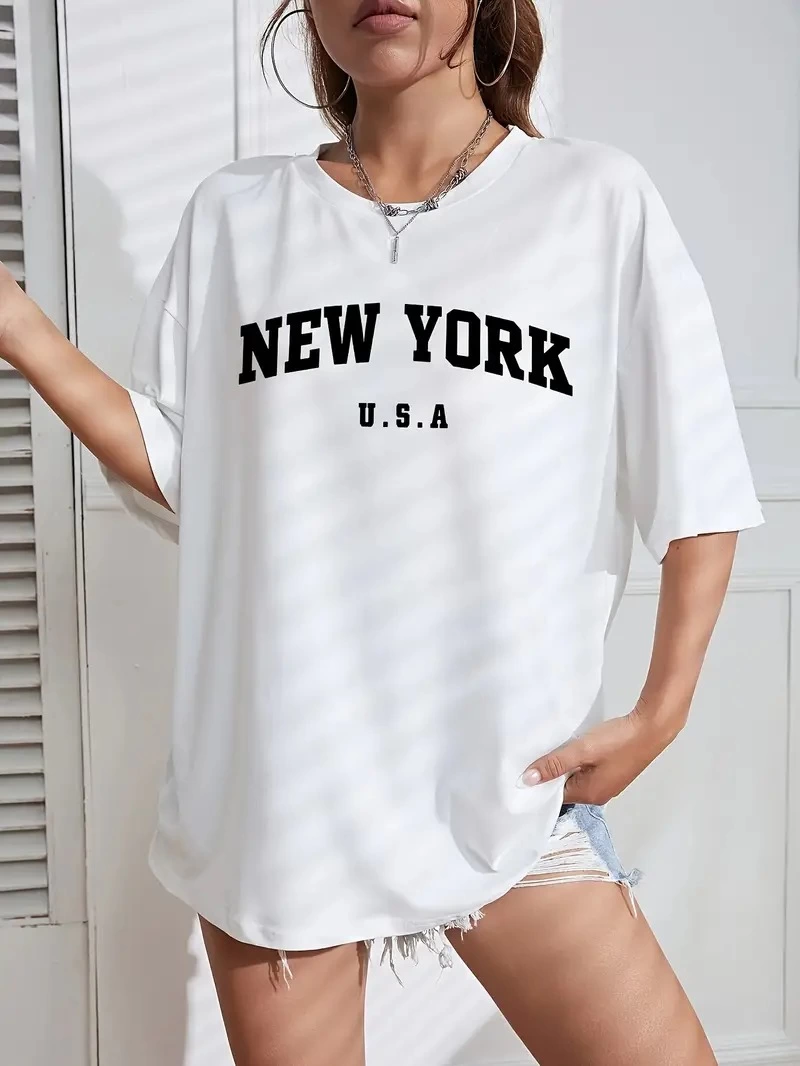 Kadın New York Baskılı Tişort Kısa Kol Bisiklet Yaka T-shirt – Beyaz