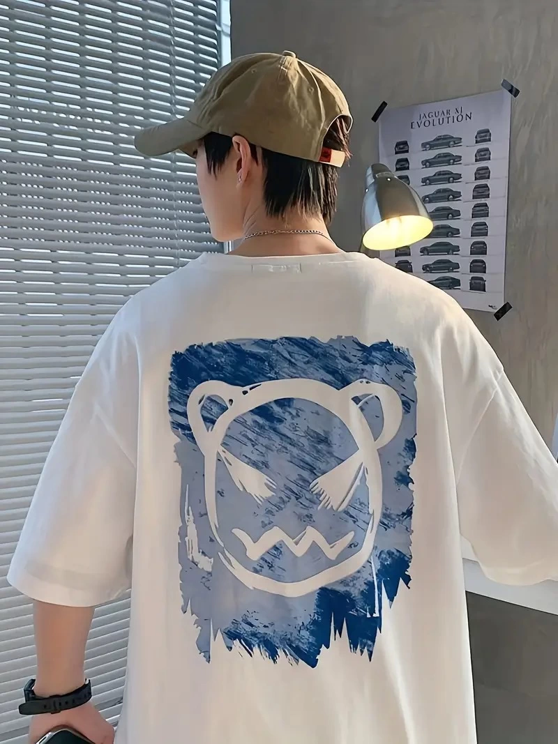 Erkek Tişört Bisiklet Yaka Kore sevimli ayı baskı Kısa Kol T-Shirt – Beyaz