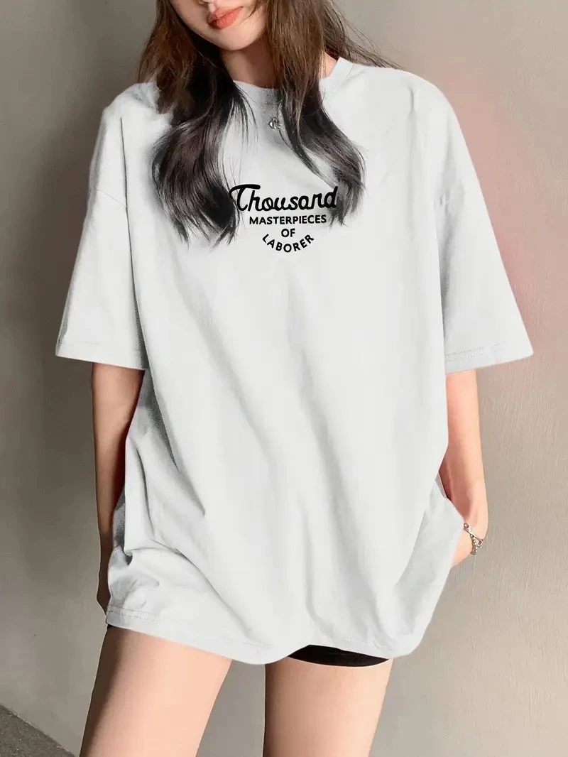 Kadın Baskılı Tişört Bisiklet yaka yazlık Kısa Kol oversize t-shirt – Beyaz