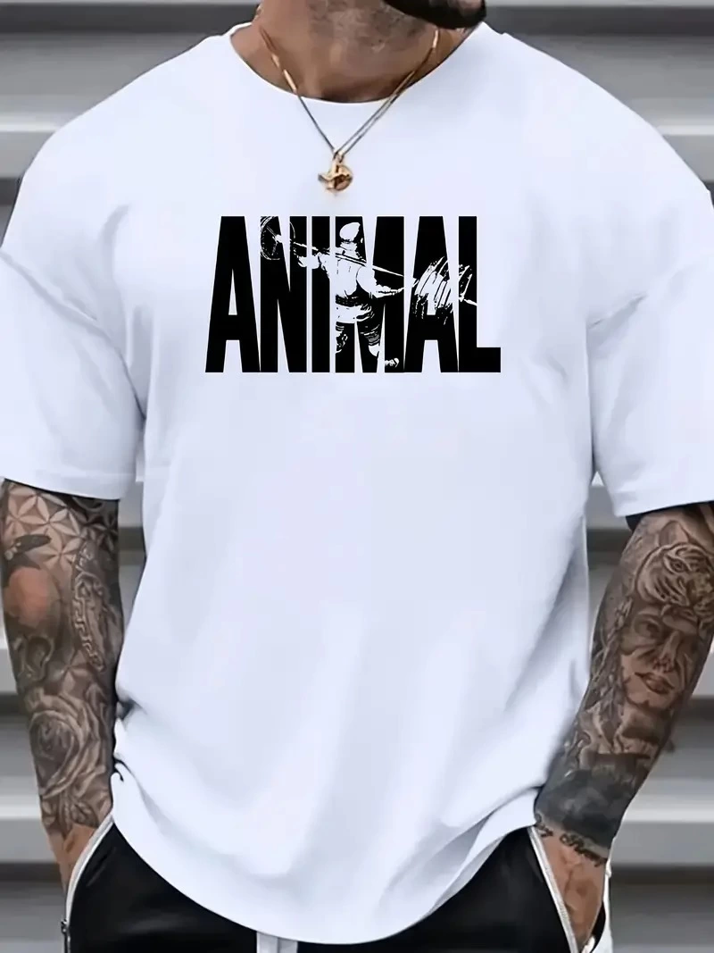 Erkek ANIMAL Baskılı Tişört Bisiklet YakaYazlık T-shirt – Beyaz