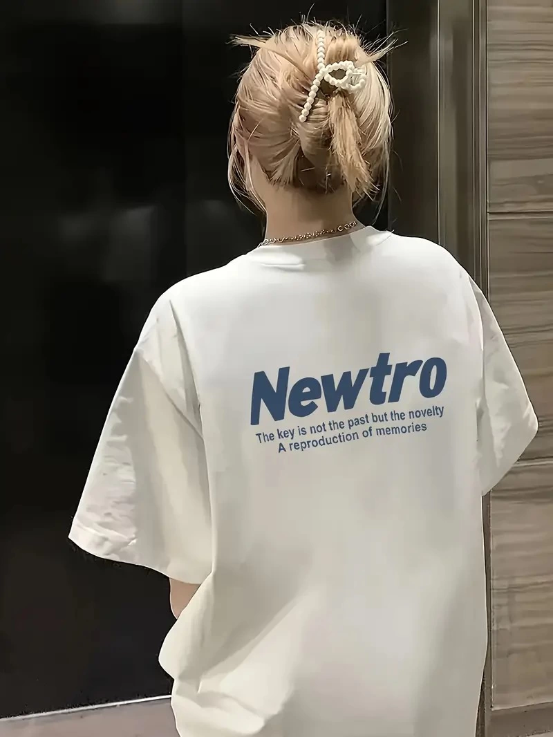 Kadın Tişört Newtro Baskılı Oversize Bisiklet Yaka T-shirt – Beyaz