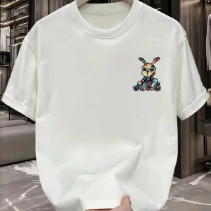 Erkek T-shirt Tavşan Baskılı Kısa Kollu Tişört – Beyaz