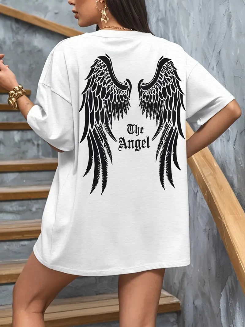 Kadın Kısa Kol Tişört Bisiklet Yaka Angel Melek Kanadı Baskılı T-Shirt – Beyaz