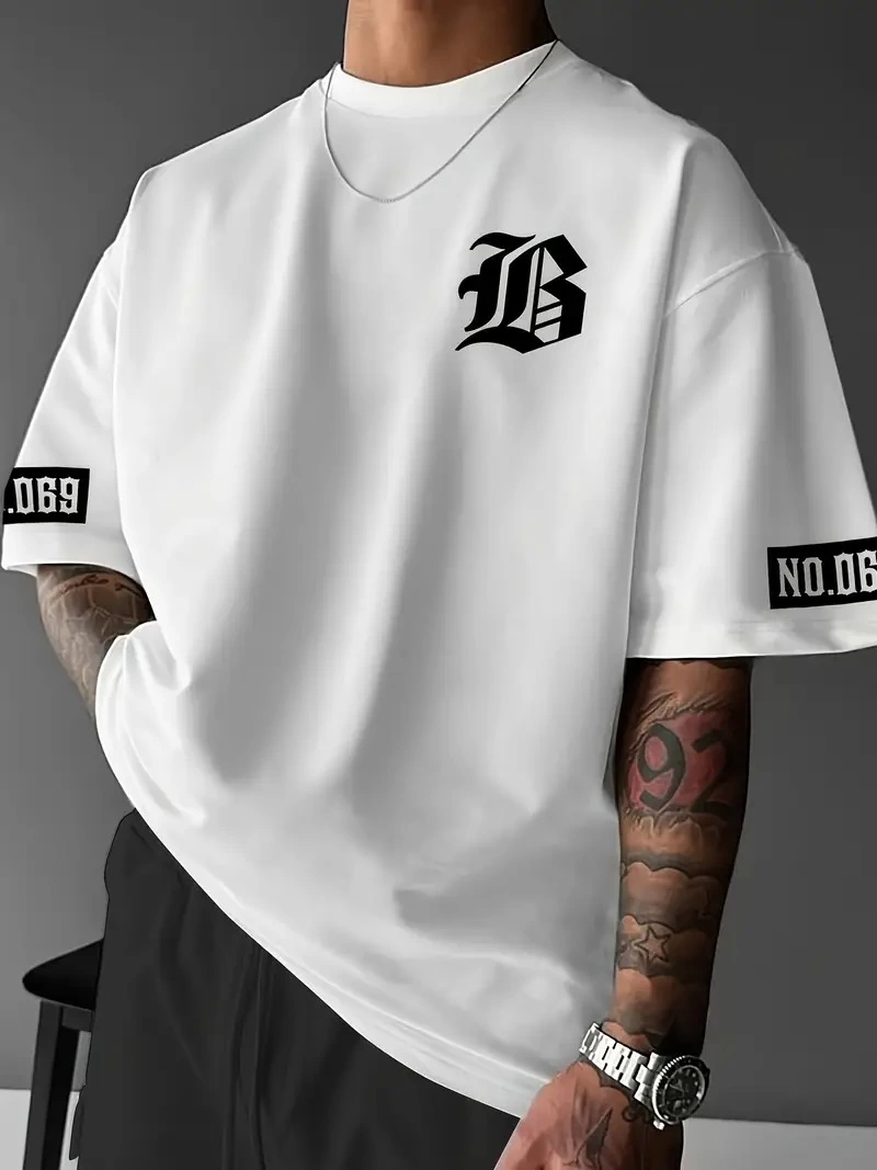 Erkek LB Baskılı Tişört Bisiklet Yaka Kısa Kol T-shirt – Beyaz