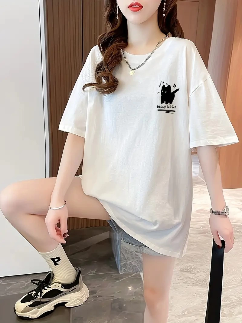 Kadın Tişört Penye Compack Tatlı Kedi Baskılı Bisiklet Yaka T-shirt – Beyaz
