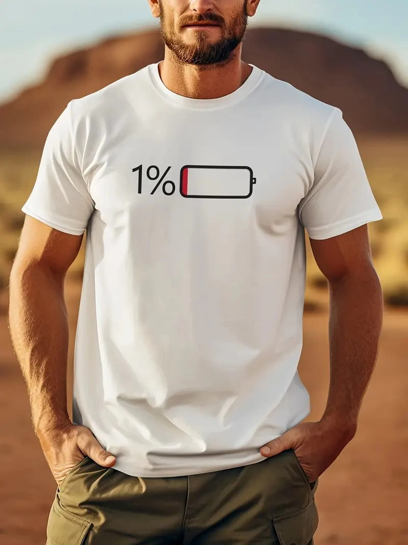 Erkek Sarj %1 Baskılı T-Shirt Kısa Kol Bisiklet Yaka Regular Fit Tişört – Beyaz