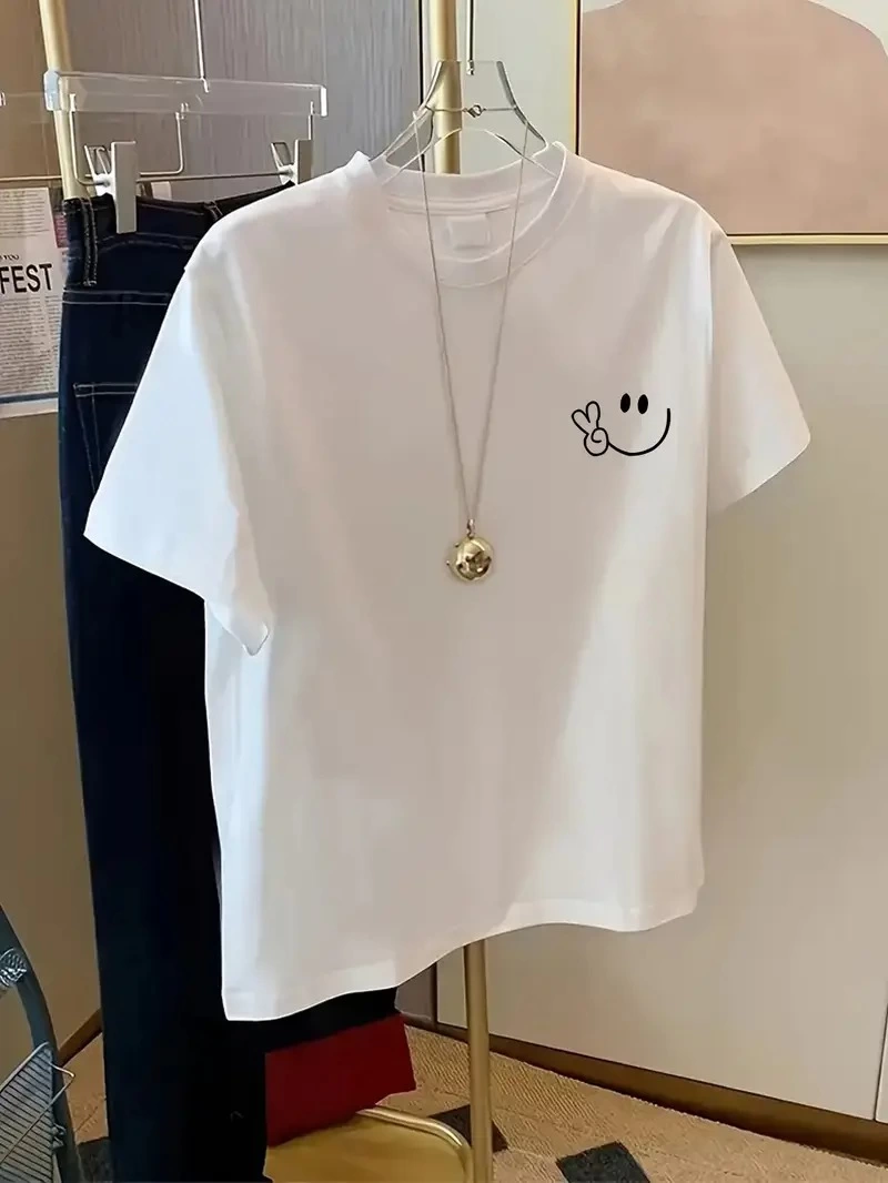 Kadın Gülücük Baskılı Tişört Kısa Kol Bisiklet Yaka Oversize T-Shirt – Beyaz