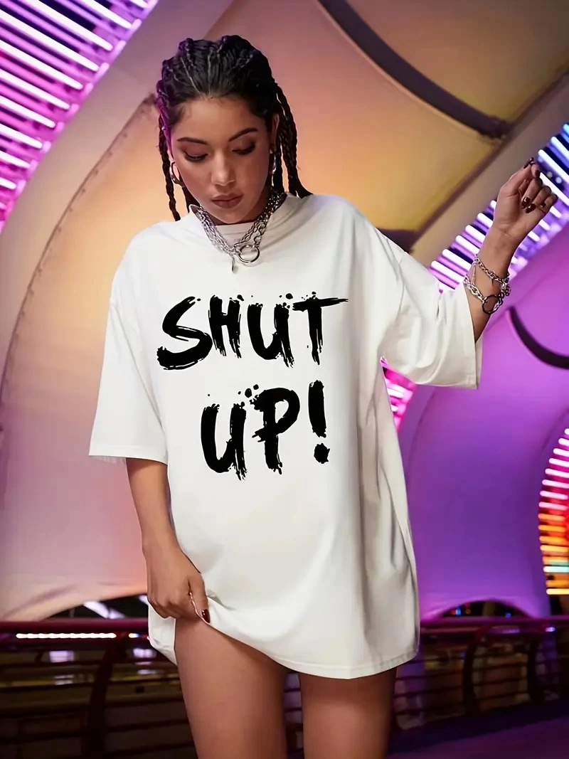 Kadın Shut Up Baskılı Tişört Kısa Kol Bisiklet Yaka Oversize T-Shirt – Beyaz