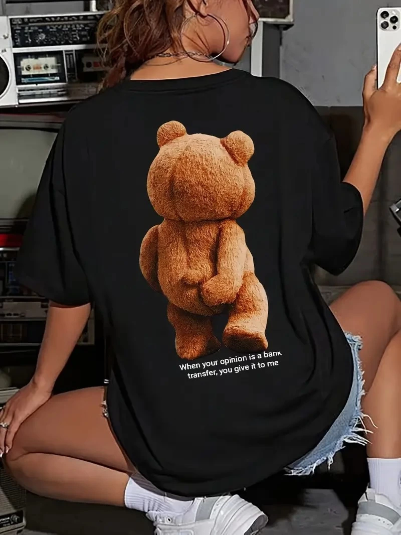 Kadın Tişört Büyük Boy Ayıcık Baskılı Bisiklet Kısa kol t-shirt – Siyah