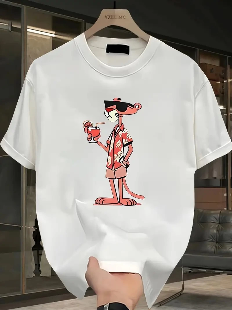 Erkek Bisiklet yaka t-shirt Pembe Panter Baskılı Kısa Kollu Tişört – Beyaz