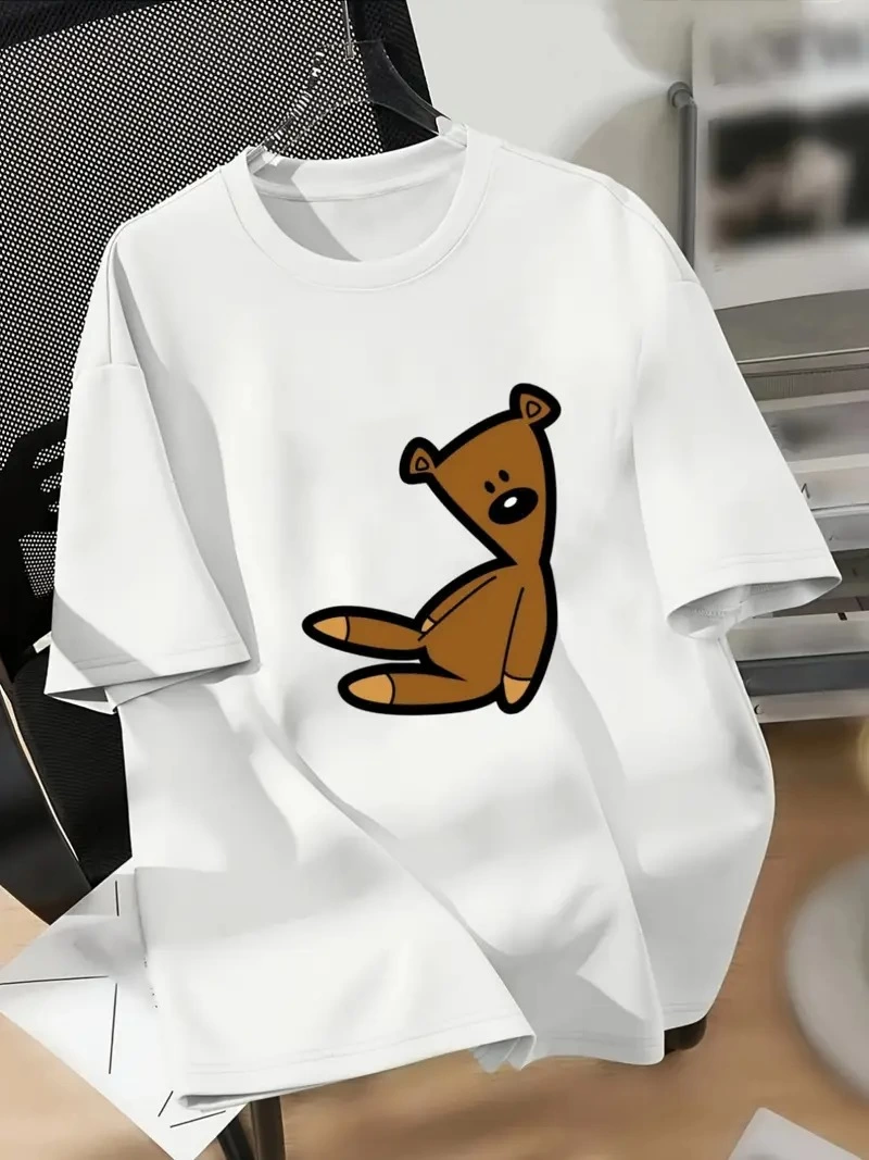 Kadın Tişört Bisiklet yaka Ayı Baskılı yazlık Kısa Kol T-shirt – Beyaz