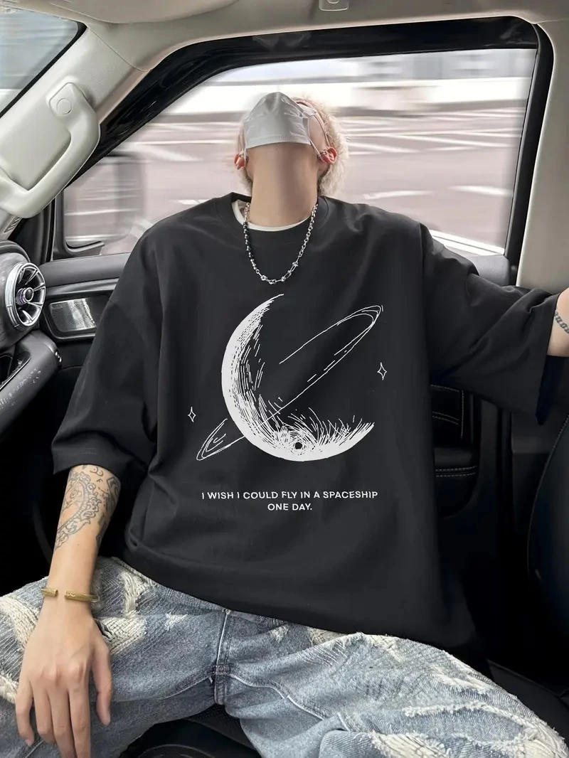 Erkek Baskılı Tişört Kısa Kol Bisiklet Yaka Oversize T-Shirt – – Siyah