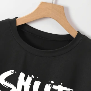 Kadın Tişört Shut Up Baskılı Kısa Kol Bisiklet Yaka T-Shirt – Siyah