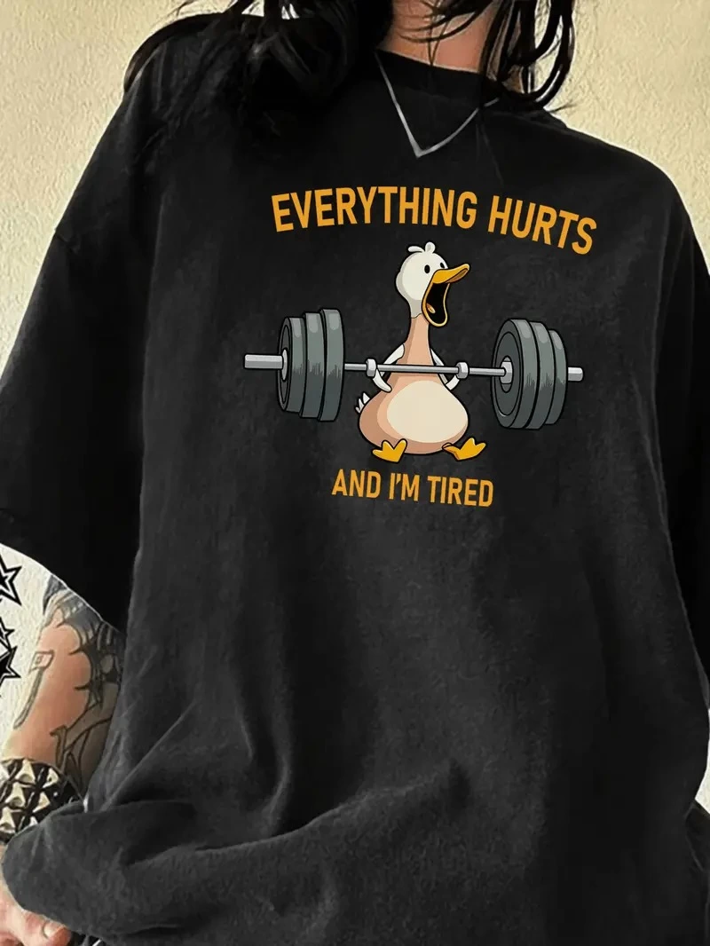 Kadın T-Shirt Ördek Baskılı Bisiklet Yakalı Kısa kol Tişört – Siyah