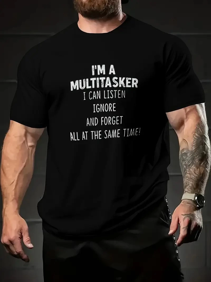 Erkek T-shirt Komik ‘Multitasker’ Baskılı Kısa kol Tişört – Siyah