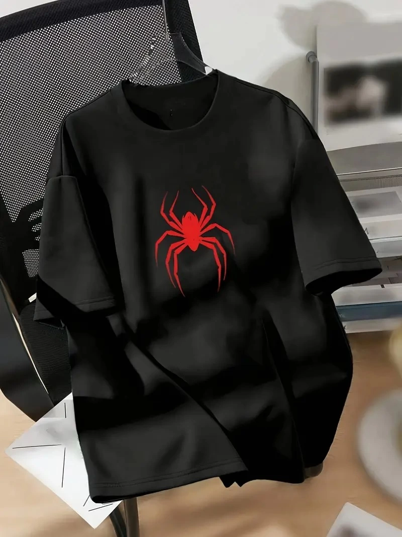 Kadın Kısa Kol Yazlık Tişört Bisiklet Yaka Spider Baskılı T-Shirt – Siyah