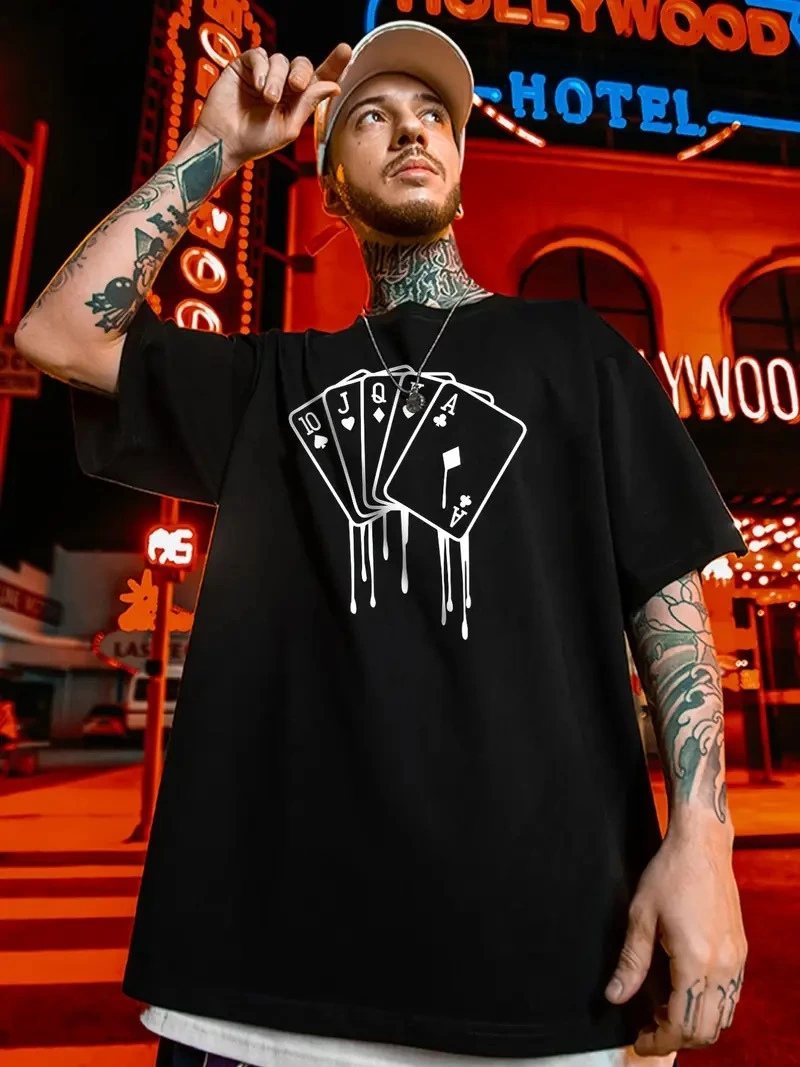 Erkek Kısa Kol Yazlık Tişört Bisiklet Yaka KART Baskılı T-Shirt – Siyah
