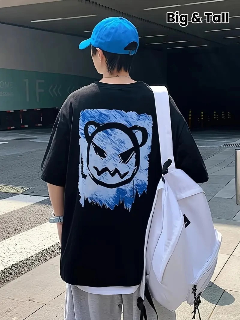 ERKEK Tişört Bisiklet Yaka Kore tarzı baskı Kısa Kol t-shirt – Siyah