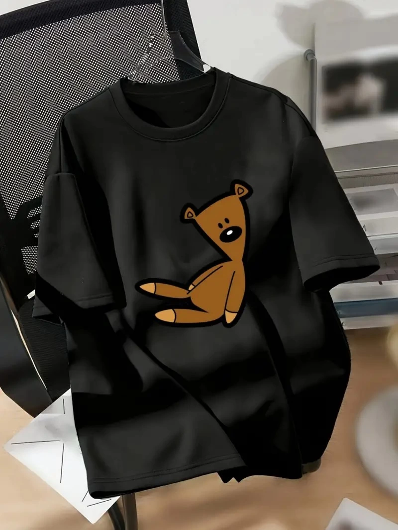 Kadın Tişört Ayı Baskılı Bisiklet Yaka Yazlık Kısa Kol T-shirt – Siyah