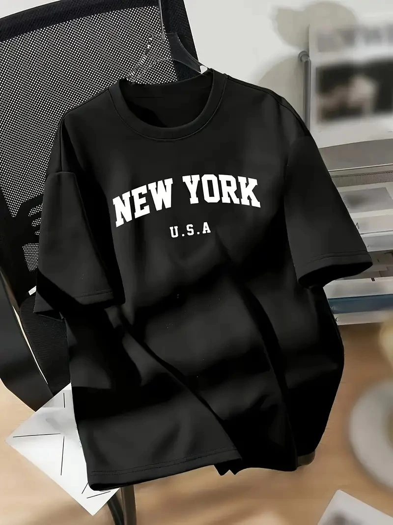 kadın New York Baskılı Tişört Kısa Kol Bisiklet Yaka T-shirt – Siyah
