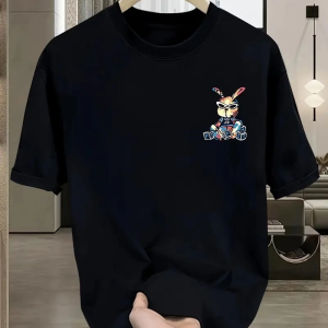 Erkek T-shirt Tavşan Baskılı Kısa Kollu Tişört – Siyah