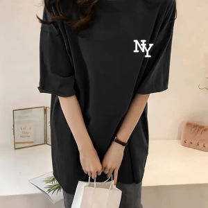 Kadın T-shirt Bisiklet yaka NY Baskılı kısa kol Tişört – Siyah