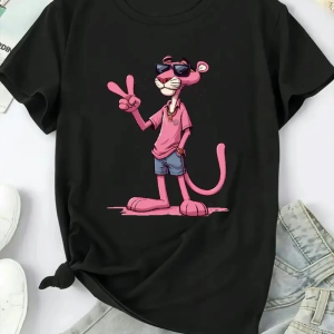 Kadın Tişört Pembe Panter Baskılı Bisiklet Yaka Kısa Kol T-shirt – Beyaz