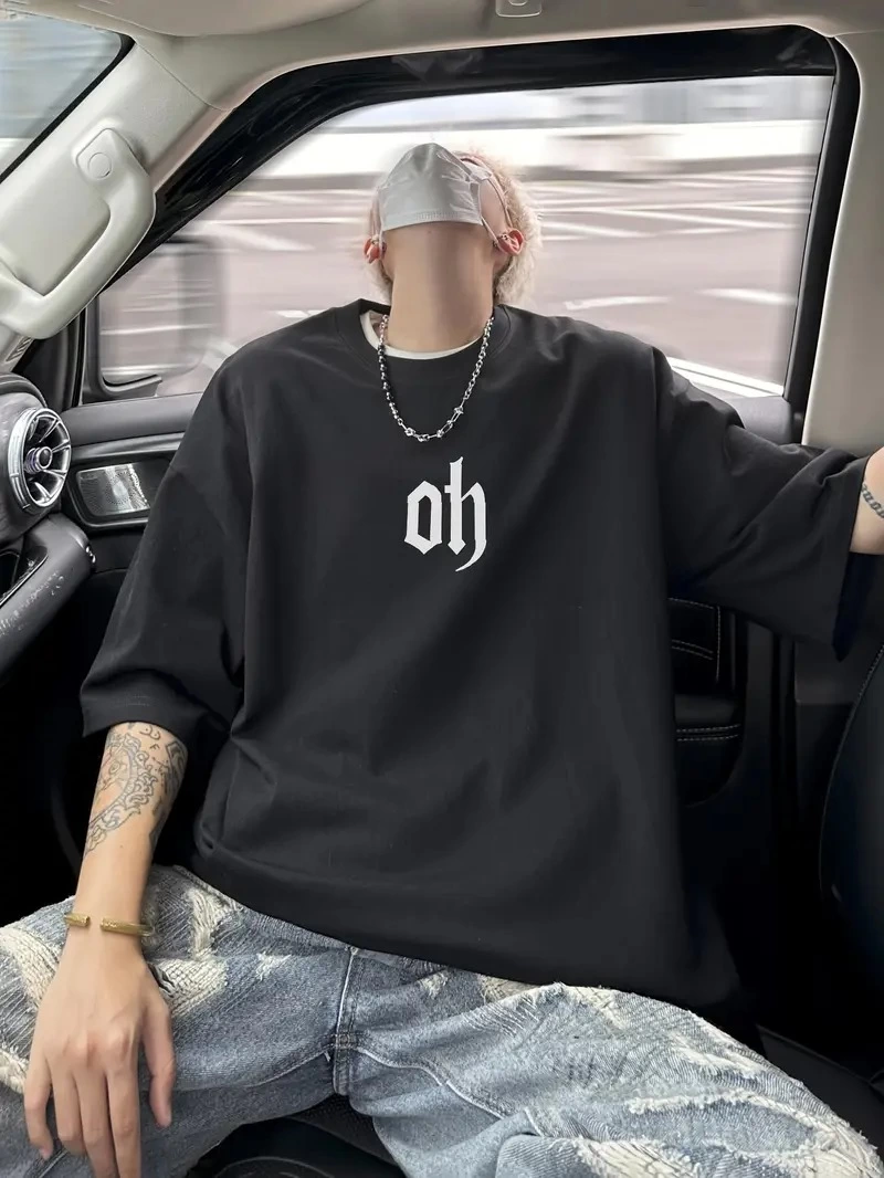 Erkek Kısa Kol Yazlık Tişört Bisiklet Yaka Baskılı Oversize T-Shirt – Siyah