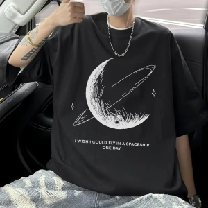 Erkek Baskılı Tişört Kısa Kol Bisiklet Yaka Oversize T-Shirt – – Siyah