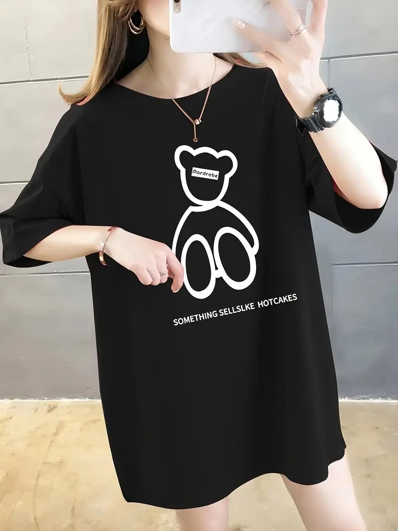 Kadın Tişört Penye Compack Baskılı Oversize Bisiklet Yaka T-shirt – Siyah