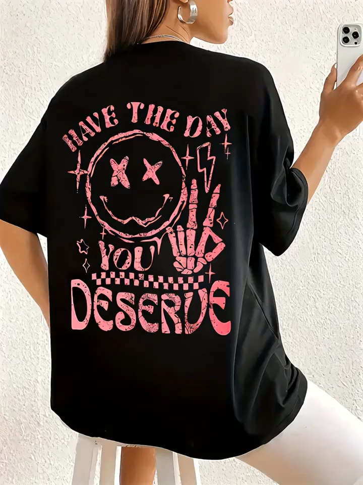 Kadın Kısa Kol Yazlık Tişört Bisiklet Yaka Baskılı Oversize T-Shirt – Siyah