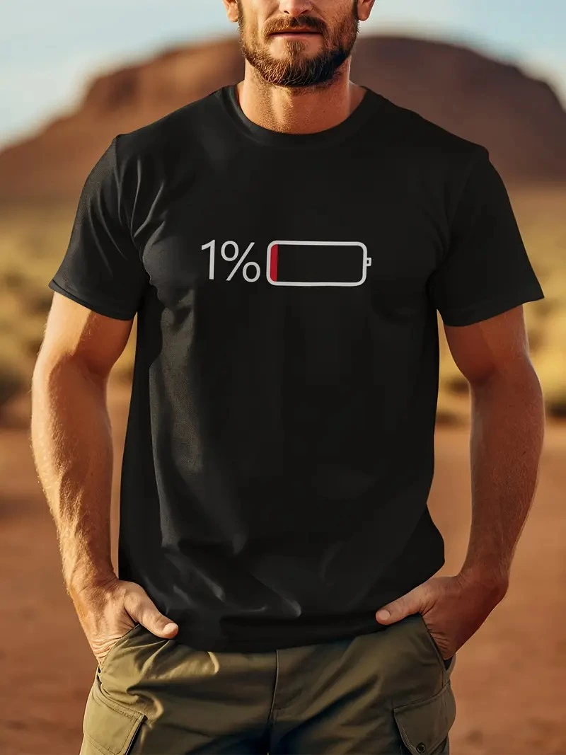 Erkek Sarj %1 Baskılı T-Shirt Kısa Kol Bisiklet Yaka Regular Fit Tişört – – Siyah