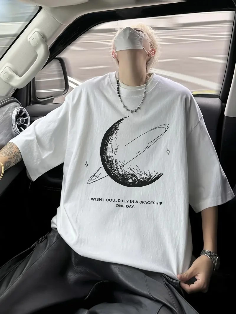Erkek Baskılı Tişört Kısa Kol Bisiklet Yaka Oversize T-Shirt – Beyaz