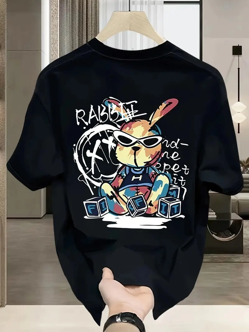 Erkek T-shirt Tavşan Baskılı Kısa Kollu Tişört – Siyah